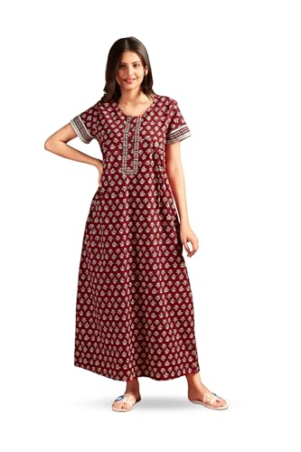 Image of NIHSAMAH Cotton Nighty for Women with Pocket, Premium Printed Long Nighty | Comfortable & Fancy Sleepwear /Nightwear