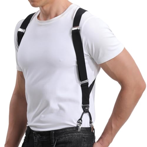 LazarsSpace Men's Side Clip Suspenders - Extra Long, Dual Clips, Perfect for Big & Tall 1.38 Inch Wide Strap- Secure Fit, Ultimate Comfort, and Belly Relief, Black