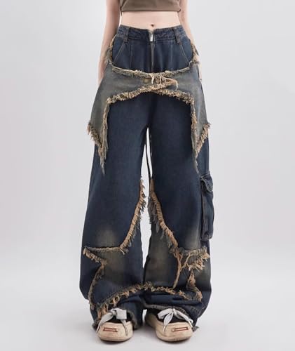 xxxiticat Women's Denim Jeans High Waisted Casual Zipper Closure Five Pointed Star Embroidery Wide Leg Baggy Trouser Pants2