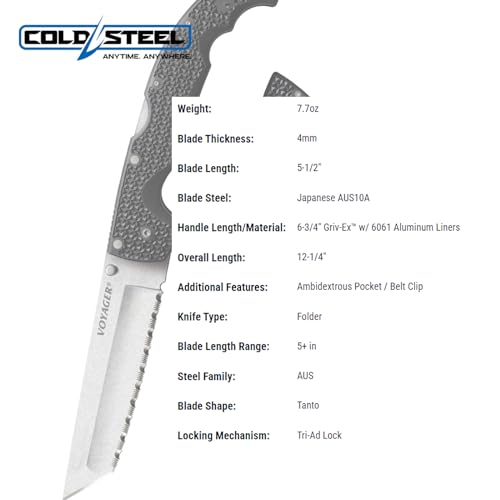 Image of Cold Steel XL Voyager 5.5 inch AUS10A Tanto Point Serrated Edge Razor-Sharp Blade 6.75 inch Griv-Ex Handle Everyday Carry Tactical Folding Knife