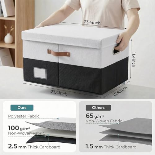 Image of PRANDOM Storage Bins with Lids [3-Pack] Linen Fabric Foldable Storage Boxes Organizer Containers Baskets Cube with Cover for Bedroom Closet Office Grey&Black (23.4X15.9X11.4)