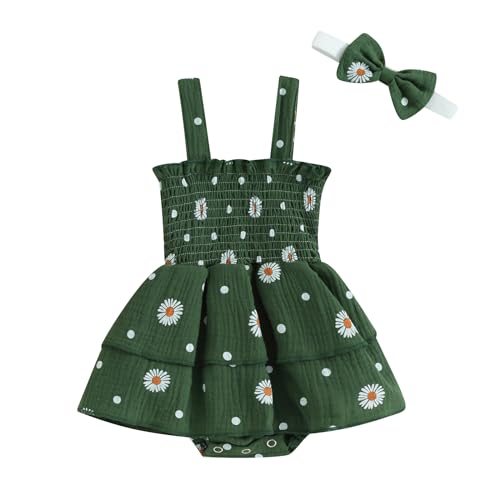 Image of Karwuiio Infant Baby Girls Bodysuit Rompers Dress Newborn Short Sleeve Daisy Romper with Headband Summer Clothes Set