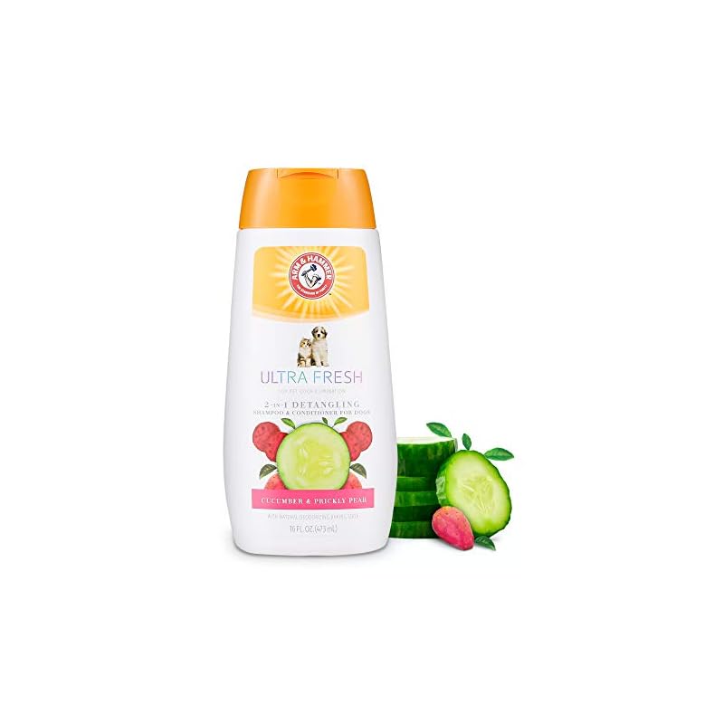 Arm & Hammer Ultra Fresh 2 in 1 Detangling Dog Shampoo and Conditioner Baking Soda Deodorizer Moisturizing Pet Wash Tangles Odor Control Cucumber Prickly Pear Scent 16 FL OZ Single Bottle Detangling