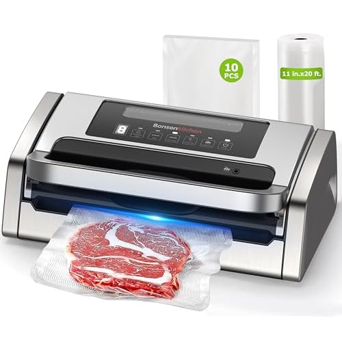 Bonsenkitchen Vacuum Sealer Machine, Powerful Low-Noise Food Vacuum Sealer, Globefish Technology for High-Speed Continuous Working (Full Silver)