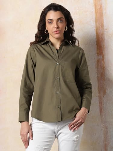 Image of HIGH Star Oversized Solid Cotton Shirt for Women | Stylish Tops for Women | Comfortable and Trendy Casual Shirt