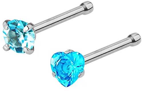 Forbidden Body Jewelry Set of 2 Straight Nose Studs: 20g Surgical Steel Round & Heart Shaped Aqua CZ Crystal Nose Rings