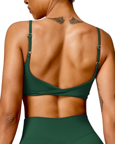 Image of QUOJIZY Sports Bras for Women Open Back Workout Tops for Women Yoga Bra Spaghetti Straps Twist Back