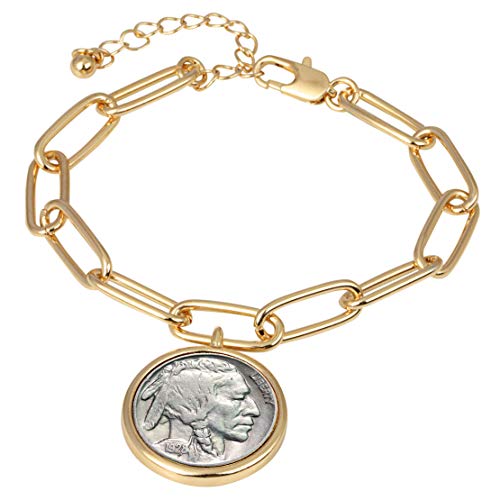 American Coin Treasures Buffalo Nickel Coin Elongated Link Bracelet | Goldtone Clip Style | 7 Inch 3 Inch Extender with Lobster Claw Clasp | Certificate of Authenticity
