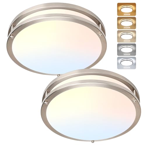 Flush Mount Ceiling Light - 2 Pack Brushed Nickel 24W 3000K/3500K/4000K/5000K/6000K Dimmable Led 10 Inch Ceiling Lamp Fixture for Kitchen (2, Brushed Nickel, 10 Inch)