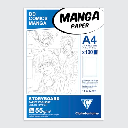 Clairefontaine 94037C - Blocco incollato Manga Storyboard 100 fogli con griglia semplice 21x29.7 cm 55g