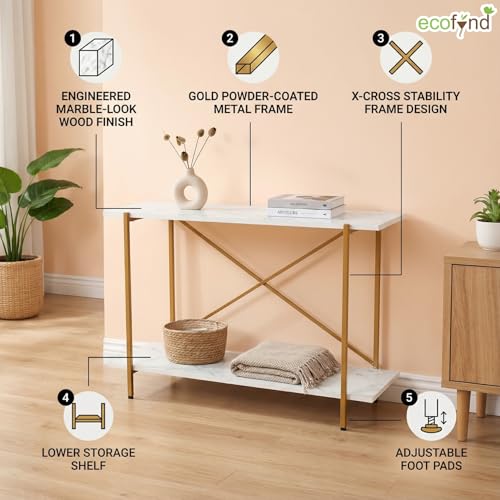 Image of ecofynd Elix Jr 35 Inch Console Table, Metal with Engineered Wooden top Long Narrow Hallway, Entryway, Living Room, Dining Room, Office, Home Side Table Storage Shelves, 35 inchX 9 inchX 28 inch (WHTGO, CT002)