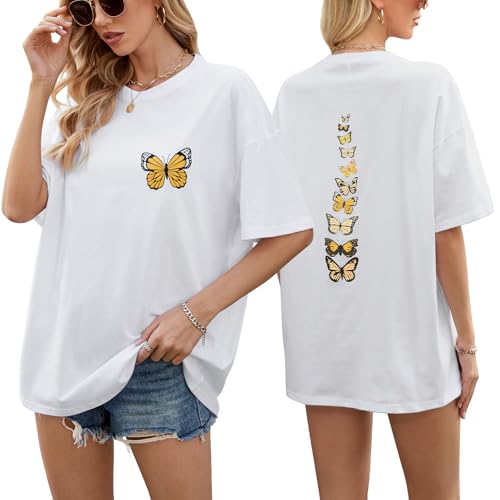 TOMEEK Oversized T Shirts for Women Crew Neck Casual Summer Tops Ladies T Shirt Cotton Short Sleeve Blouse Vintage Graphic Tee Shirts Baggy Top Plus Size(White,L)