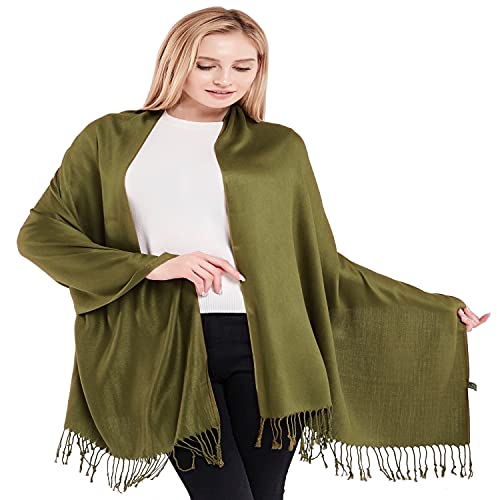 CJ Apparel Olive Green Solid Color Tassels Design Nepalese Shawl Scarf Wrap Stole Throw Head Wrap Pashmina Hand Made in Nepal New