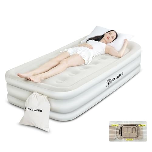 FOX & WEBB Premium Air Bed - Single Air Mattress With Built-in Electric Pump and integrated Pillow, Double Blow Up Bed, Self Inflating Mattress with Flocked Surface, Inflate/Deflate, 190x100x46cm