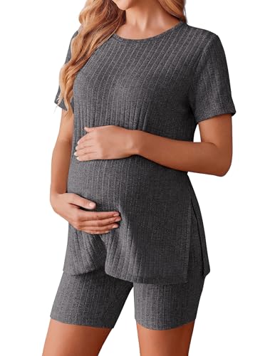 Image of Ekouaer Maternity Sets 2 Piece Outfits Ribbed Knit Short Sleeve Shirts and Biker Shorts Pregnancy Loungewear Mama Clothes