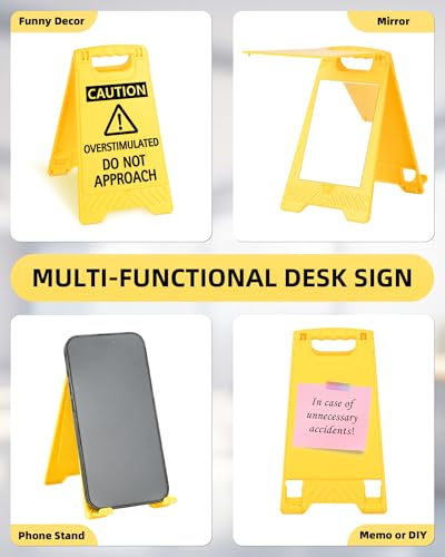 Caution Overstimulated Do Not Approach Office Decor, Funny Desk Sign for Women Coworkers, Valentines Day Gag Gifts for Tax Season, Sarcastic Desk Accessories, Phone Holder with Mirror