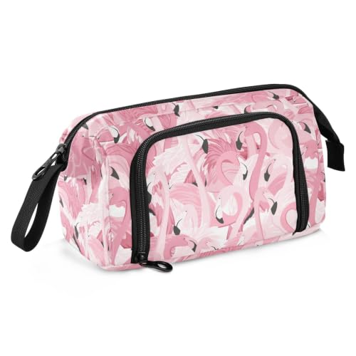 Image of Pink Flamingo Print Pencil Case Pouch Big Capacity Pencil Bag Box Organizer Pen Case with Compartmens Stationery Organizer for Girls Boys Women School College Office