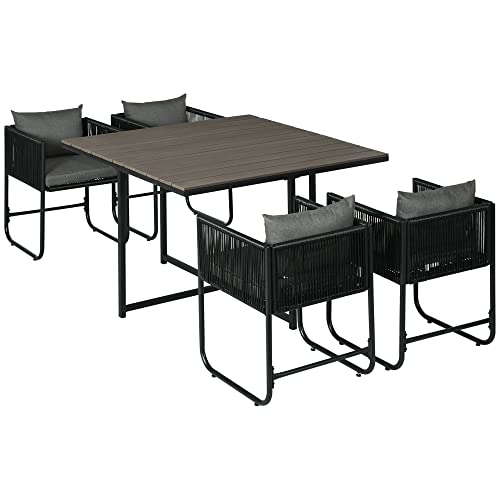Outsunny Salon de Jardin Ensemble Table et Chaise de Jardin 5 pièces avec 1 Table et 4 fauteuils Contemporain 8 Coussins Table en Composite Plateau Aspect Bois Noir