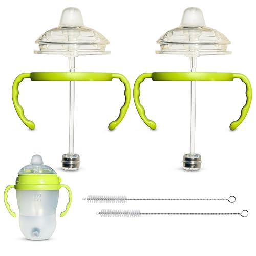 Image of Sippy Cup Conversion Kit for Comotomo Baby Bottles 2-Count, Food Grade Silicone Spout Nipples, All Silicone Weighted Straw, Bottle Handles, Cleaning Brush, BPA-Free, 4+ Months (Sippy Spout, Green)