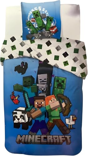arlis Parure de Lit Minecraft pour Enfant, Housse de Couette Réversible 140x200 cm, Taie d'oreiller 63x63 cm, 100% Coton (Parure de lit Minecraft, 140 X 200...
