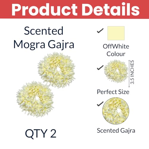 Scented Mogra Gajra Hair Accessories For Women - Hair Flower Bun Artificial Fake Gajra Scrunchies Rubber Band - Premium & Voluminous, White