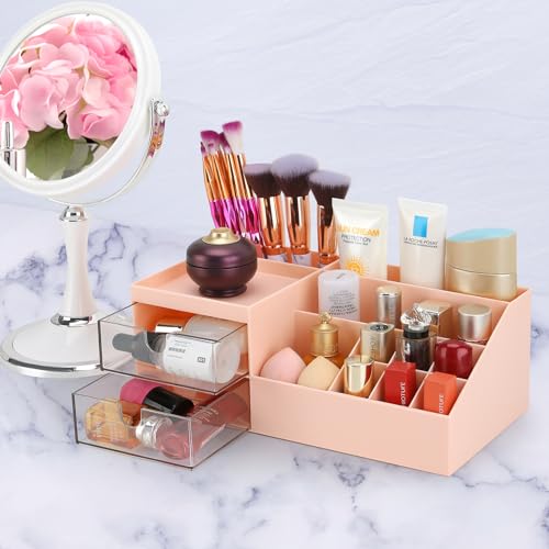 Image of LETURE Desk Organizer, Cosmetic Makeup Vanity Organizer Box, Bathroom Counter Makeup Storage for Eyeshadows, Skin Care, Concealers, Powders, Nail Polish (Pink Color)