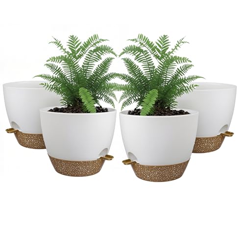 FreshFind 8 Self Watering Planters - 4 Pack with Drainage Holes and Modern Saucer for Indoor Plants and Outdoor Gardens - White