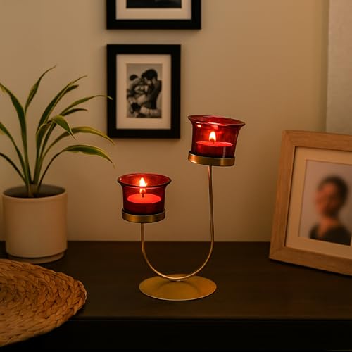 Image of MARKET 99 Metal+Glass 2 Votive T- Light Holder U Shape | for Diwali, Christmas, Birthday, and Wedding | Decorative Candle Holder for Home Decor & Festive Season | Golden & Red