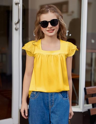 Image of Arshiner Girls Shirts Short Sleeve Square Neck Summer Lace Openwork Pleated Tops Blouse Tunic