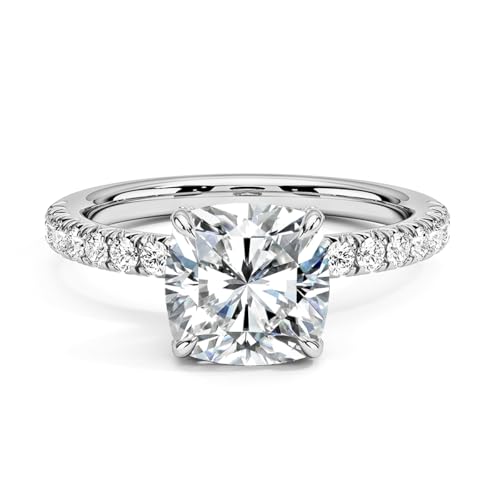 Blueeve 2ct Cushion Cut Moissanite Rings for Women, D Color VVS1 Clarity Lab Created Diamond Rings 14K White Yellow Gold Vermeil Moissanite Engagement Rings for Women Wife Jewelry Gifts