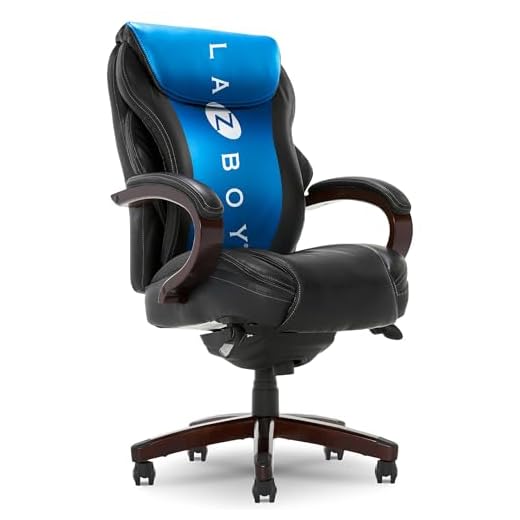 La-Z-Boy Hyland Executive Office Chair with AIR Technology, Adjustable High Back Ergonomic Lumbar Support, Bonded Leather, Black with Mahogany Wood Finish