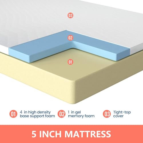 Image of FDW | 5 Inch Queen Mattress | Medium Firm | Gel Memory Foam Mattress | White | Bed in a Box, CertiPUR-US Certified | Pressure Relief, Cooling Ventilated Foam | Washable Removable Cover