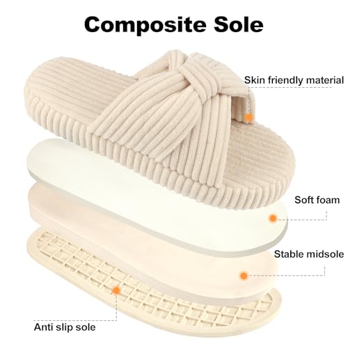 Women's Comfy Memory Foam Corduroy Bow Slip-On Open Toe Bedroom Slides Home Slippers Indoor/Outdoor4