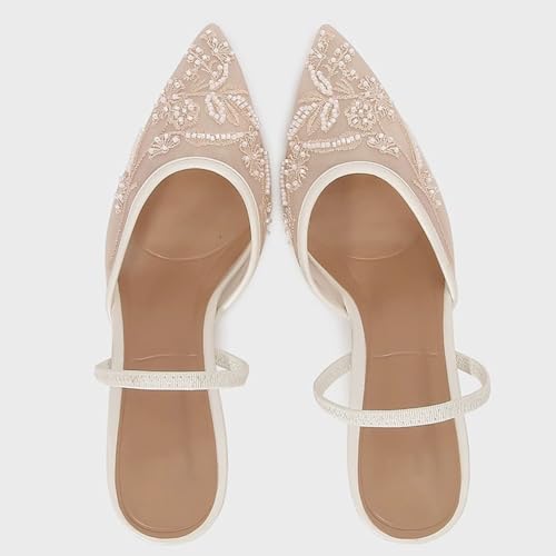 YIYA Women's White Embroidered Mesh Slingback Wedding Bridal Heels Closed Pointed Toe Stiletto Pearl Kitten Heels Party Dress Pumps Shoes3