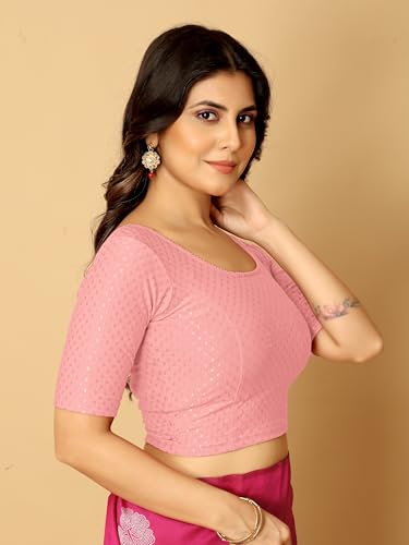 Image of Amazon Brand - Anarva Round Neck Dobby Cotton Lycra Stretchable Elbow Half Sleeve Readymade Saree Blouse for Women Stylish