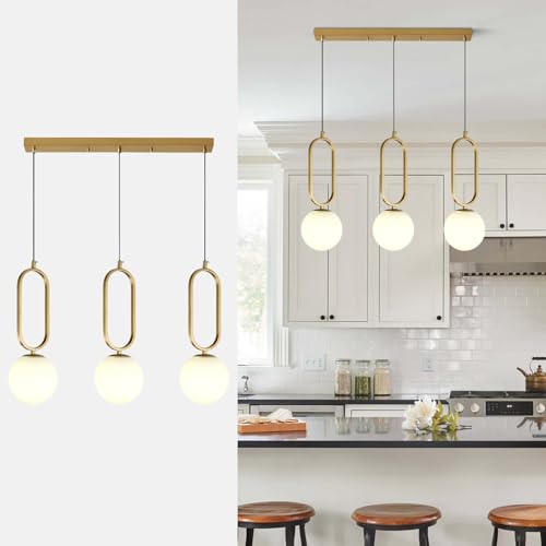 Image of 3 Light Modern Pendant Light Fixtures Mid Century Chandelier White Globe Glass Pendant Lights Vintage Brass Hanging Lamp for Kitchen Island Bedroom Dining Room