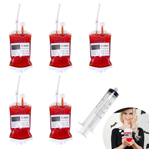 Bolsa de Beber Sangre para Halloween,Bolsas de Sangre de Halloween Contenedor 350 ml,5 Piezas Bolsa de Sangre para Bebidas,Bolsa de Bebidas con Jeringuilla,Reutilizable,para Halloween de Fiesta