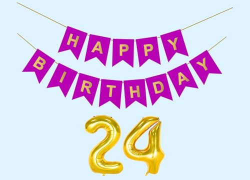 Image of 24th Happy Birthday Decoration Kit Purple for 24 year Old Boys Girls Men with Number Twenty-four Party Decorations Decor Celebration Items Item Set Combo Reusable Paper Banner