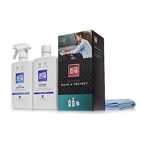 Autoglym Bodywork Wash and Protect – 4-Piece Car Cleaning Kit For Car Exteriors, Car Care Gift Set Includes Foaming Car Wash-500 ml, Rapid Aqua Wax-500 ml, (2) Car Cleaning Microfibre Towels