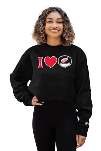 Detroit Red Wings NHL Officially Licensed Women's Cropped Crewneck Sweatshirt Heart Black, X-Large