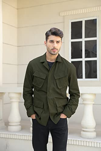 Mens Lightweight Safari Jacket Button Down Cotton Outdoor Military Zip Up Cargo Long Sleeve Outwear Army Green #TOP1