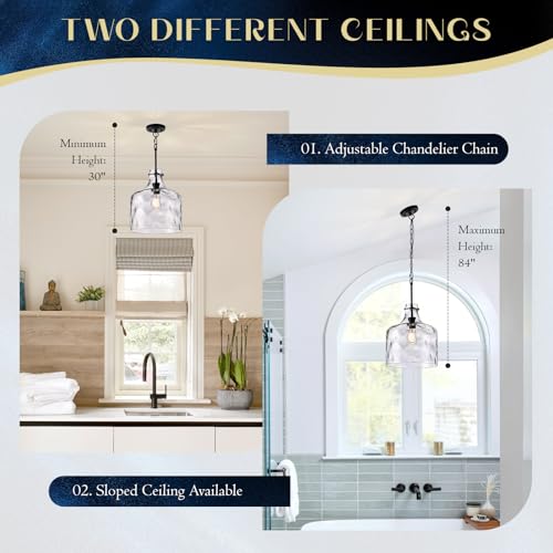 Image of 12 inch Black Farmhouse Pendant Light, Clear Hammered Glass, E26 Hanging Light | Hand-blown hammered glass pendant light with adjustable chain, E26 socket, ideal for kitchen islands and dining rooms