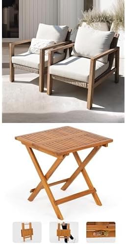 Idzo Olivier Premium Eucalyptus Outdoor Club Chairs Set of 2, Ergonomic Slanted Backrest Design, Unique Wood Wicker Mix, 4.5in Thick Cushion, Silver Gray + 1 Folding Bistro Side Table