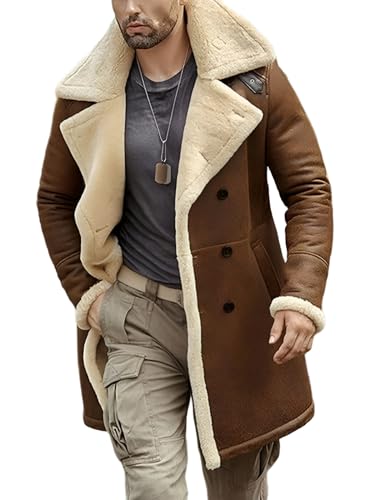 Image of Shearling Brown Leather Coat Genuine Sheepskin Leather Coat with Artificial Fur B3 Bomber Leather Coat Aviator Coat for Men