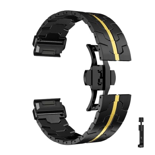 SRMVRNKNNK Fit For Garmin�E�H�b�`�ɓK�� Fit For Fenix 5/5X/5XPlus/6/6X/6XPro/7x�ɓK�� �`�^���J���[�X�e�����X�X�`�[���o���h(Black gold,26mm)