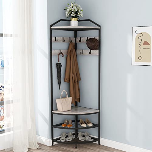 GiftGo Grey Corner Hall Tree with Shoe Bench Entryway Coat Rack with 10 Metal Movable Hooks Rustic...