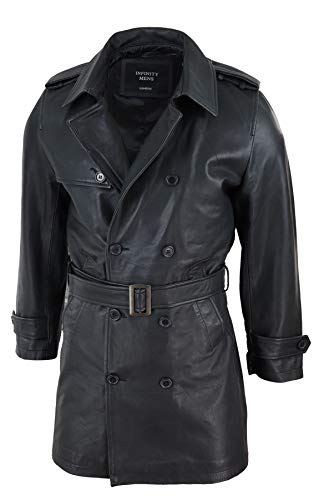 Mens Black 3/4 Trench Coat Real Leather Belted Jacket Classic Soft Napa Classic2