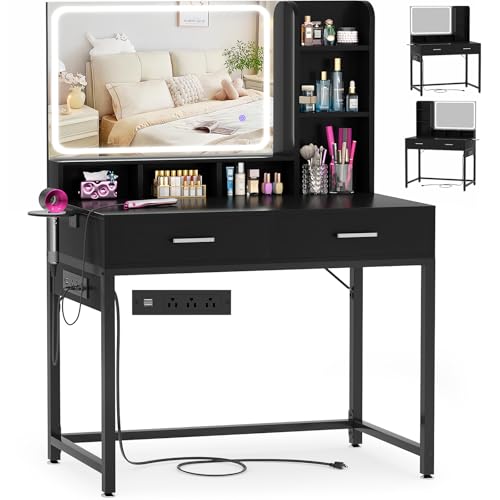 Small Vanity Desk, Vanity Desk with Mirror and Lights, Makeup Vanity Desks with Power Strip, Vanity...