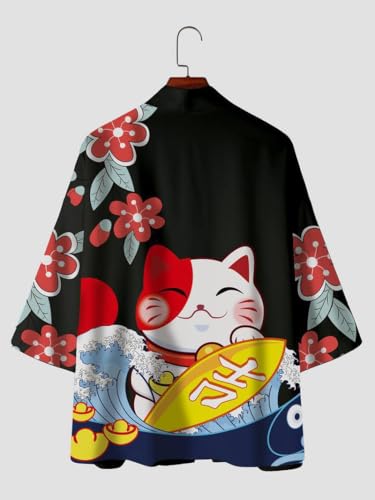 Image of LAI MENG FIVE CATS Women's Lucky Cat Cardigan Kimono Loose Cover up Casual Blouse Cute Tops