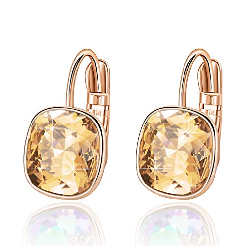 Austrian Crystal Square Cushion Drop Leverback Earrings for Women 14K Rose Gold Plated Hypoallergenic Jewelry